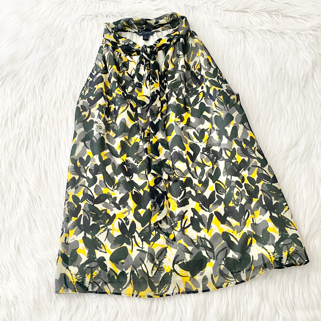 Banana Republic Grey Yellow Leaf High Neck Blouse